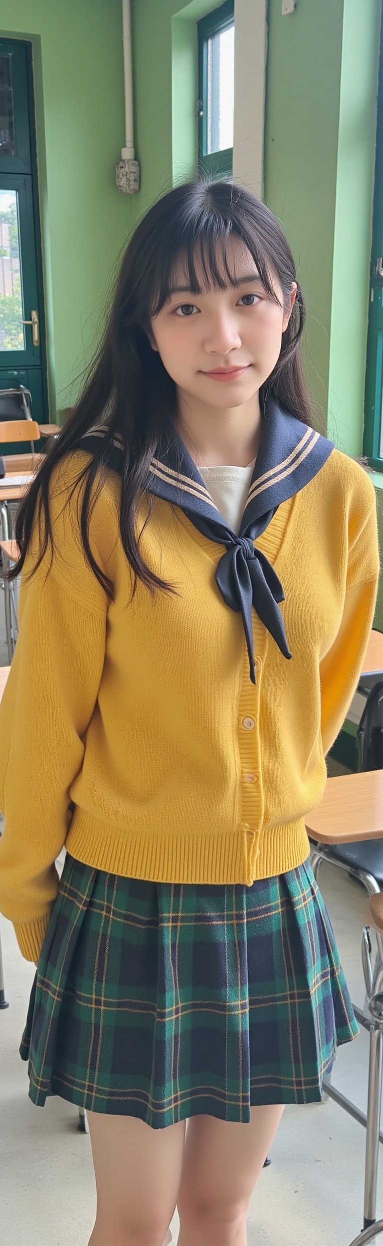 Yuki,  The image depicts a young woman with long black hair and green eyes,  wearing a yellow sweater with a blue sailor c...