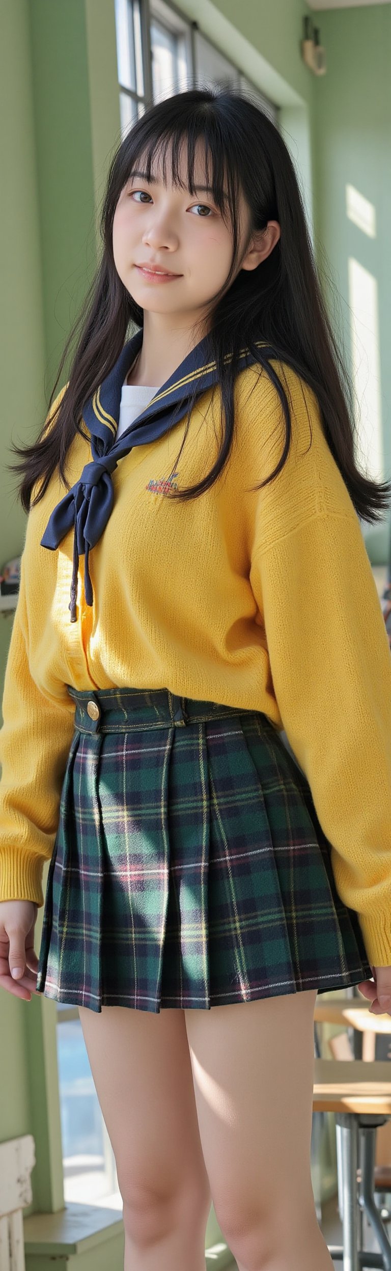 Yuki,  The image depicts a young woman with long black hair and green eyes,  wearing a yellow sweater with a blue sailor c...