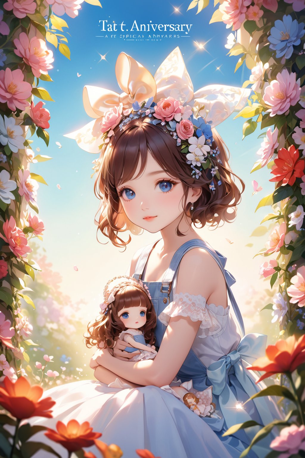 A stunning young girl with rich brown hair and a charming bow adorning her headframe sits amidst a lush flower garden, bathed in warm, vibrant lighting that accentuates her porcelain doll-like features. Her eyes sparkle with intricate detail, while long eyelashes frame her soft facial structure. A delicate bow on her lips adds to her endearing charm. In the background, a tapestry of colorful blooms creates a whimsical atmosphere. The scene is set against a bright blue sky, complete with decorative text 'TA'' and '1st Anniversary', subtly highlighting the special occasion. The overall artistic rendering exudes an air of playfulness and celebration.