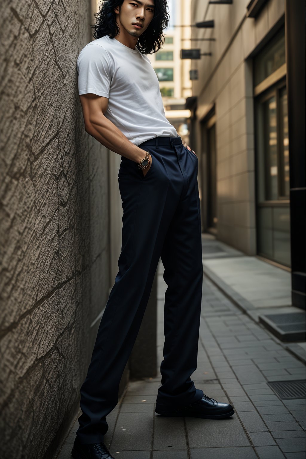 A realistic image of a young Asian man with long,  wavy black hair,  embodying the influencer persona. He has a slim body...