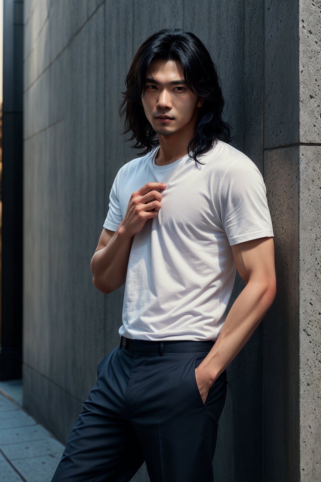 A realistic image of a young Asian man with long, wavy black hair, embodying the influencer persona. He has a slim body, dressed in a trendy outfit featuring trousers, a shirt, and a white t-shirt. The man poses confidently in front of a textured wall on a Seoul street, his gaze fixed on the camera. The composition captures his fashionable ensemble and the urban setting, with natural lighting accentuating the scene's authenticity.