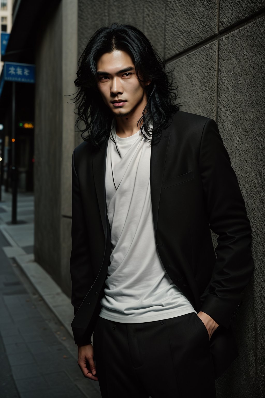 A realistic image of a young Asian man with long,  wavy black hair,  embodying the influencer persona. He has a slim body...