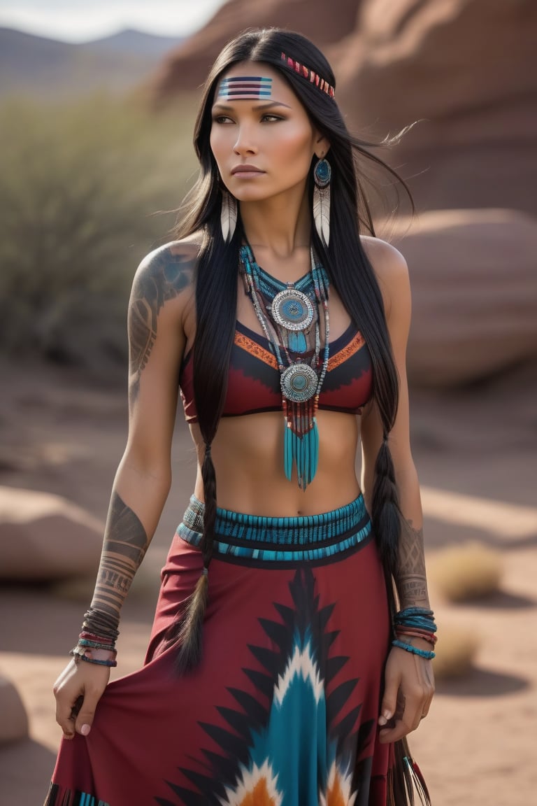 A majestic American Indian girl stands proudly in beautiful full length multi colorful dress, her long dark hair flowing like the wind. Her eyes, like pools of polished obsidian, shimmer with a deep wisdom, each layer revealing a story untold. Intricate tattoos adorn her arms and neck, a testament to her heritage. She strikes a dynamic pose, one leg bent, the other extended, as if ready to pounce into action. A wide-angle view captures her entire figure, from the curve of her cheekbones to the gentle slope of her shoulders. 