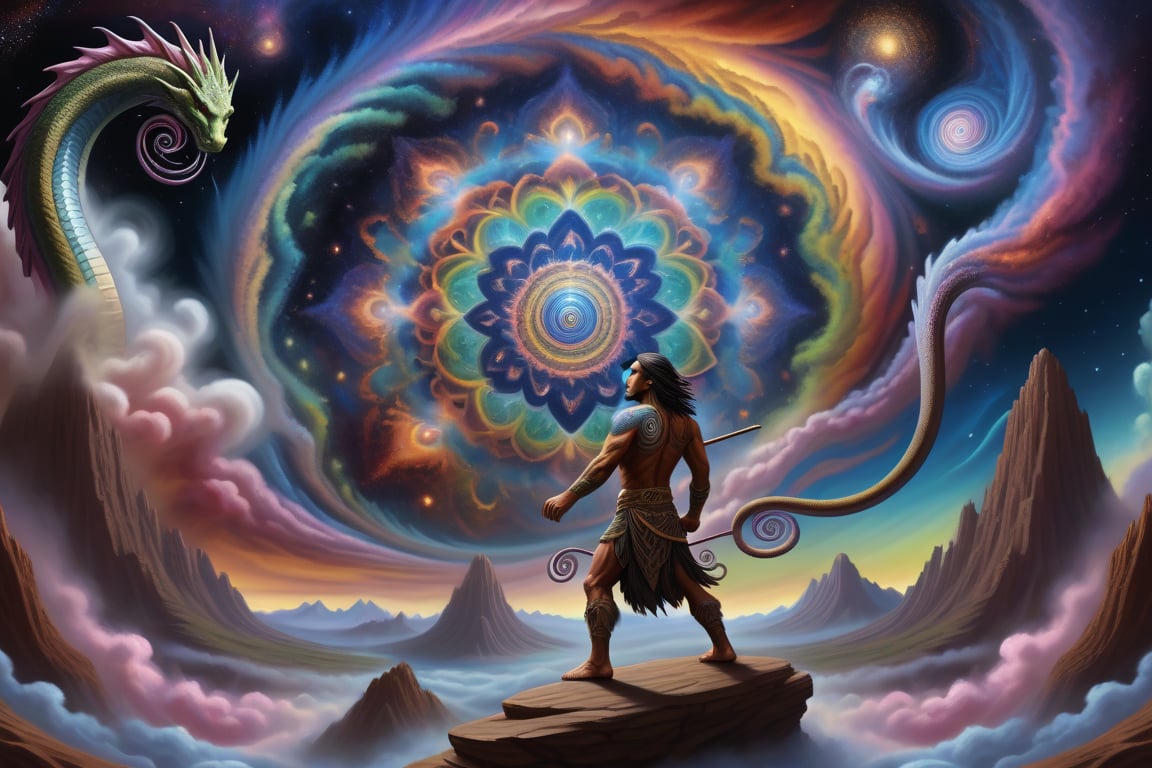 In this surreal landscape, Tecumseh stands tall, his stoic figure set against an ever-changing backdrop of iridescent nebula. Bioluminescent tendrils swirl around him like ethereal serpents, as mandala patterns pulse and shift in rhythmic harmony with the chief's deliberate steps. Above, a maelstrom of dragons and randon shapes churns the sky, their chaotic dance mirroring the warrior's unyielding determination.