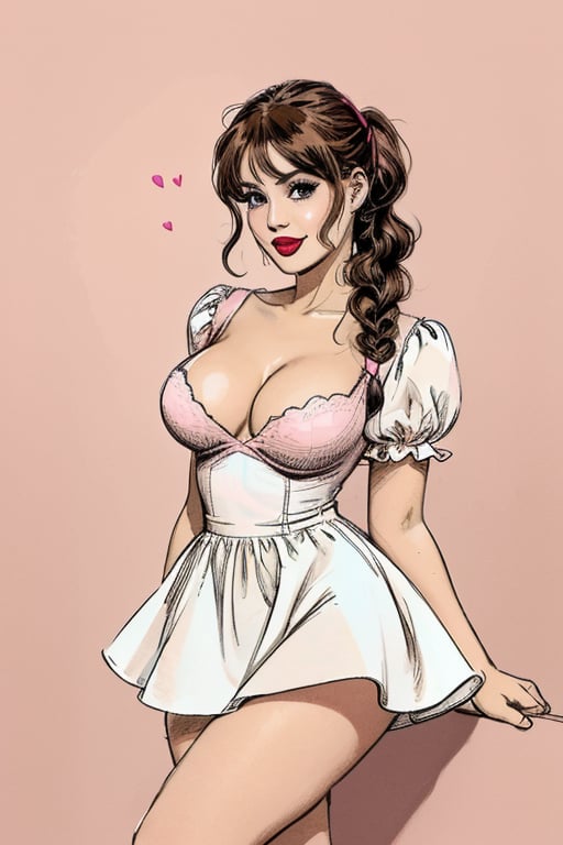 A full-length image of a short plus-size woman with ample breasts and an hourglass figure, styled with brown hair in two curly pigtails high on head and big brown eyes the same size, wearing a pink baby doll skater dress with puffy sleeves in pink, paired with pink mary jane shoes and white socks. Her lips are adorned with a cupid-bow shape and pink lipstick, and a slender nose. The dress flares out, accentuating her curves. Soft, natural lighting highlights her cheerful expression and the pastel tones of her outfit. Head to toe lengh image.