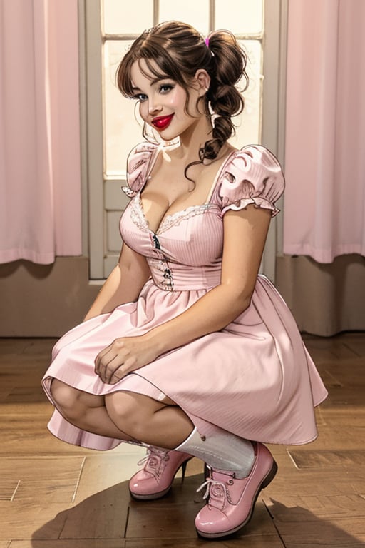 A short plus-size woman with ample breasts and an hourglass figure, styled with brown hair in two curly pigtails and big brown eyes the same size, wearing a pink baby doll skater dress with puffy sleeves in pink, paired with pink mary jane shoes and white socks. Her lips are adorned with a cupid-bow shape and pink lipstick, and a slender nose. The dress flares out, accentuating her curves. Soft, natural lighting highlights her cheerful expression and the pastel tones of her outfit. Full-lengh image.