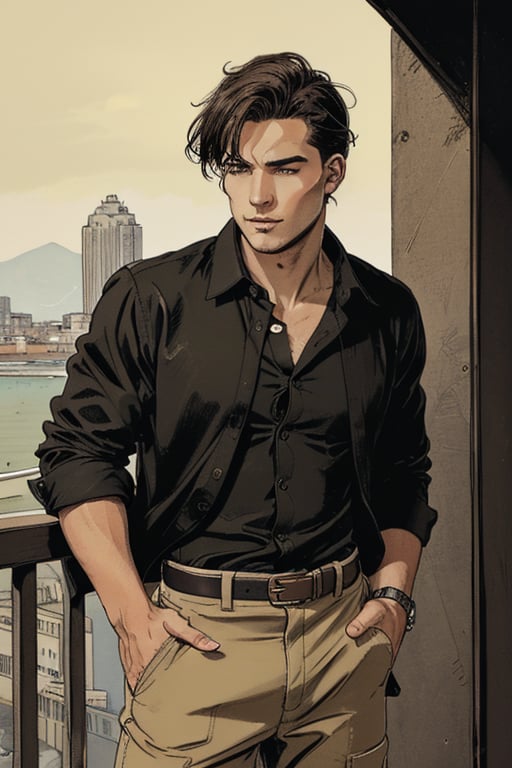 full-length image of a male with a leaner built physique, hazel eyes, and short wavy black-brown hair cut above the ears. The lighting should be soft and balanced, accentuating the natural waves in his hair and the depth of his eyes. He should stand with a relaxed, confident pose, dressed in a black callered shirt, khaki pants, and black combat boots attire. The composition should capture his entire body.