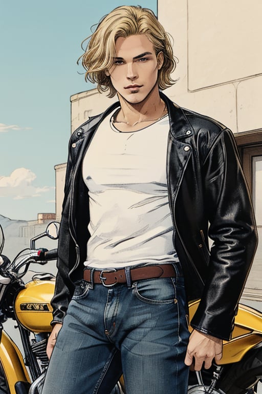 full-length image of a male with a leaner musculer physique, hazel-brown eyes, and short wavy yellow-blonde hair cut above the chin. The lighting should be soft and balanced, accentuating the natural waves in his hair and the depth of his eyes. He should stand with a relaxed, confident pose, dressed in a black leather motorcycle jackeet, white tee shirt, blue jeans, and black combat boots. The composition should capture his entire body.