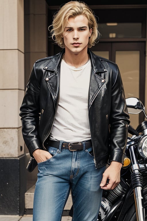 full-length image of a male with musculs, hazel-brown eyes, and short wavy yellow-blonde hair cut above the chin. The lighting should be soft and balanced, accentuating the natural waves in his hair and the depth of his eyes. He should stand with a relaxed, confident pose, dressed in a black leather motorcycle jackeet, white tee shirt, blue jeans, and black combat boots. The composition should capture his entire body.