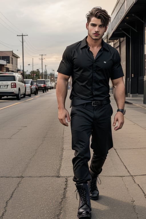 full-length image of a male with a leaner built physique, hazel eyes, and short wavy black-brown hair cut above the ears. The lighting should be soft and balanced, accentuating the natural waves in his hair and the depth of his eyes. He should stand with a relaxed, confident pose, dressed in a black callered shirt, khaki pants, and black combat boots attire. The composition should capture his entire body.