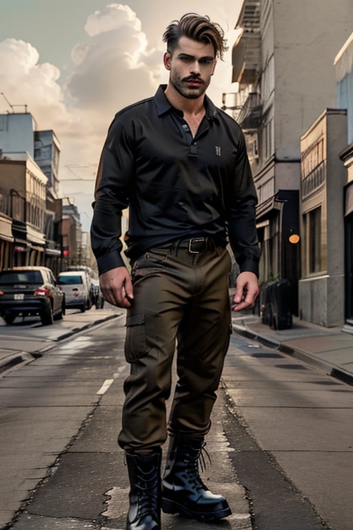 full-length image of a male with a lean bulit physique, hazel eyes, and short wavy black-brown hair cut above the ears. The lighting should be soft and balanced, accentuating the natural waves in his hair and the depth of his eyes. He should stand with a relaxed, confident pose, dressed in a black callered shirt, khaki pants, and black combat boots attire. The background should be subtle, allowing his presence to be the central focus. The composition should capture his entire body.