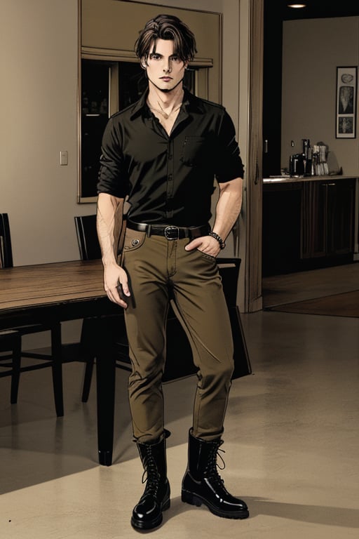 full-length image of a male with a leaner physique, hazel eyes, and short wavy black-brown hair cut above the ears. The lighting should be soft and balanced, accentuating the natural waves in his hair and the depth of his eyes. He should stand with a relaxed, confident pose, dressed in a black callered shirt, khaki pants, and black combat boots attire. The composition should capture his entire body.