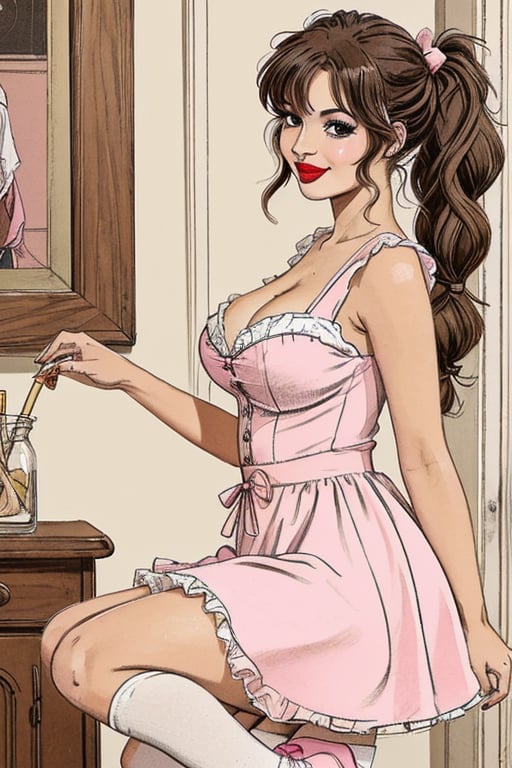 A full-length image of a short plus-size woman with ample breasts and an hourglass figure, styled with brown hair in wavy pigtails and big brown eyes the same size, wearing a pink baby doll skater dress with puffy sleeves in pink, paired with pink mary jane shoes and white socks. Her lips are adorned with a cupid-bow shape and pink lipstick, and she has a slender nose. The dress flares out, accentuating her curves. Soft, natural lighting highlights her cheerful expression and the pastel tones of her outfit. Head to toe lengh composition.