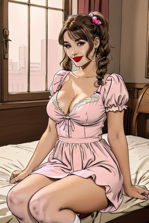 A short plus-size woman with ample breasts and an hourglass figure, styled with brown hair in two curly pigtails and big brown eyes the same size, wearing a pink baby doll skater dress with puffy sleeves in pink, paired with pink mary jane shoes and white socks. Her lips are adorned with a cupid-bow shape and pink lipstick, and a slender nose. The dress flares out, accentuating her curves. Soft, natural lighting highlights her cheerful expression and the pastel tones of her outfit. Full-lengh image.