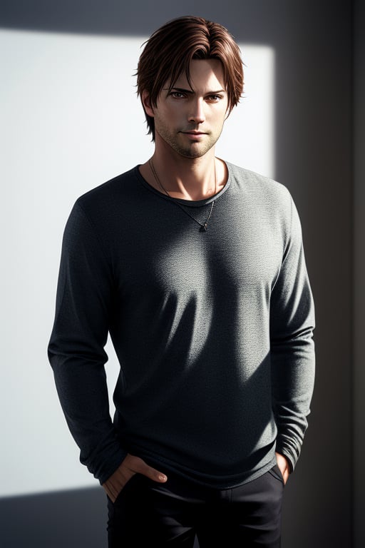 Design a full-length portrait of a male with hazel eyes and dark brown medium-short hair. The lighting should be even, enhancing the deep tones of his hair and the complexity of his eyes. He should stand with a relaxed yet confident posture, dressed in casual, contemporary clothing. The background should be minimalistic, ensuring his figure is the main attraction. The composition should highlight his entire body, with a strong emphasis on his expressive hazel eyes and dark brown hair, creating a compelling and approachable image.