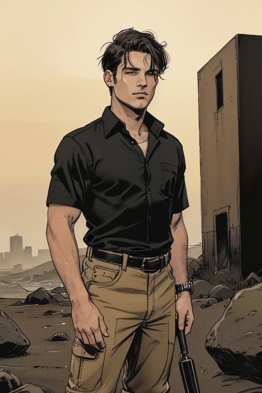 full-length image of a male with musculs, hazel eyes, and short wavy black-brown hair cut above the ears. The lighting should be soft and balanced, accentuating the natural waves in his hair and the depth of his eyes. He should stand with a relaxed, confident pose, dressed in a black callered shirt, khaki pants, and black combat boots attire. The composition should capture his entire body.