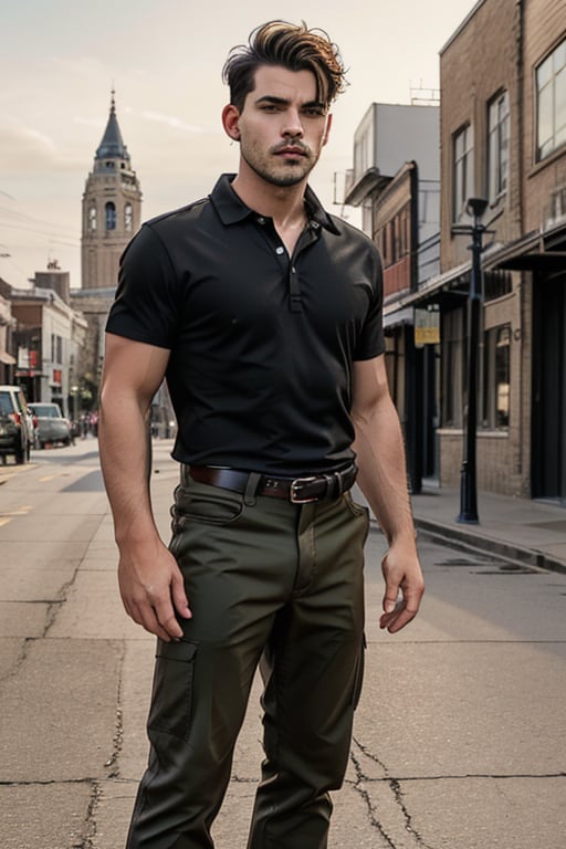 full-length image of a male with a lean bulit physique, hazel eyes, and short wavy black-brown hair cut above the ears. The lighting should be soft and balanced, accentuating the natural waves in his hair and the depth of his eyes. He should stand with a relaxed, confident pose, dressed in a black callered shirt, khaki pants, and black combat boots attire. The background should be subtle, allowing his presence to be the central focus. The composition should capture his entire body.