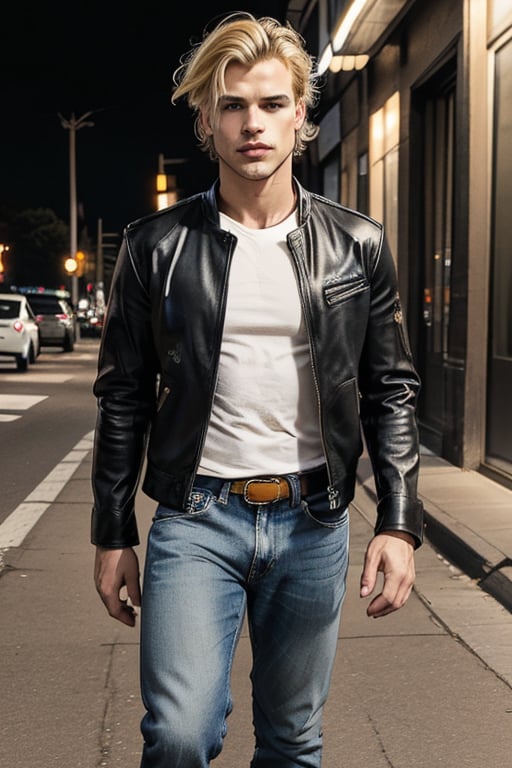 full-length image of a male with a leaner musculer physique, hazel-brown eyes, and short wavy yellow-blonde hair cut above the chin. The lighting should be soft and balanced, accentuating the natural waves in his hair and the depth of his eyes. He should stand with a relaxed, confident pose, dressed in a black leather motorcycle jackeet, white tee shirt, blue jeans, and black combat boots. The composition should capture his entire body.