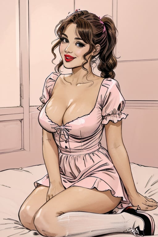 A short plus-size woman with ample breasts and an hourglass figure, styled with brown hair in two curly pigtails and big brown eyes the same size, wearing a pink baby doll skater dress with puffy sleeves in pink, paired with pink mary jane shoes and white socks. Her lips are adorned with a cupid-bow shape and pink lipstick, and a slender nose. The dress flares out, accentuating her curves. Soft, natural lighting highlights her cheerful expression and the pastel tones of her outfit. Head to toe lengh image.