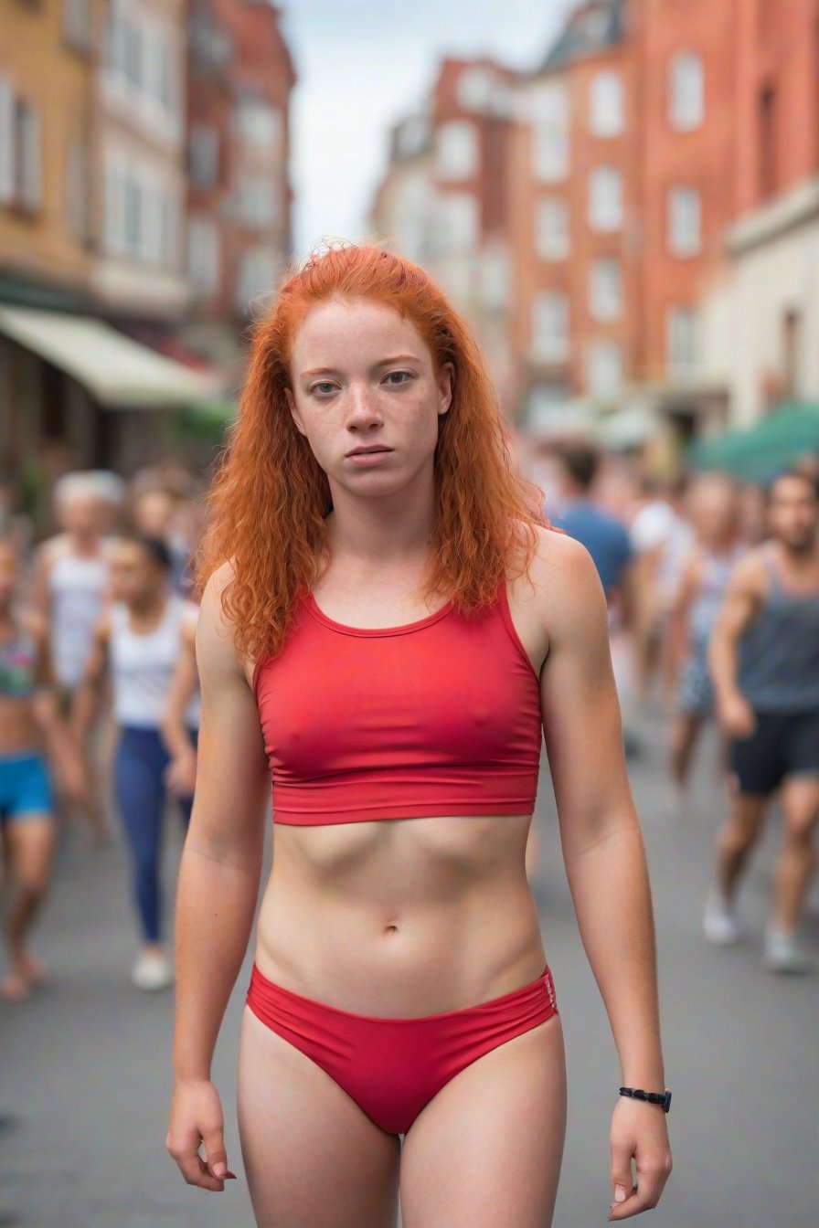 The image is a portrait of a young woman positioned outdoors on a street. The main subject is characterized by her vibrant...