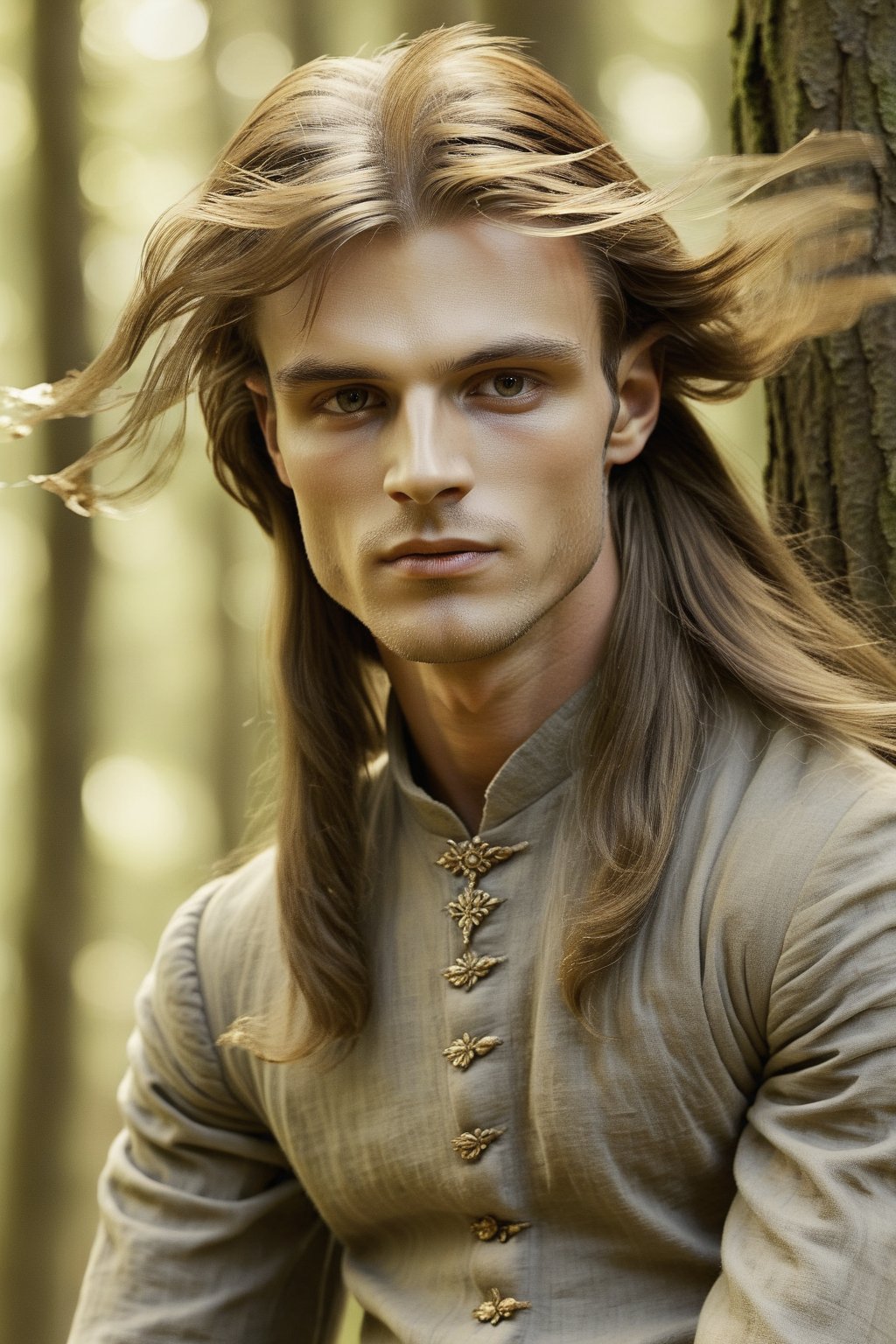 Uthriten is a young male Aristocratic ethereal wood elf, with delicate features, Dark Grey eyes, very long, waist length brown hair, Normal skin, with pointed ears, high cheekbones, Full lips, Eyes set close together, Round face and Upturned eyebrows, art by Gerald Brom and Brian Froud in a forest