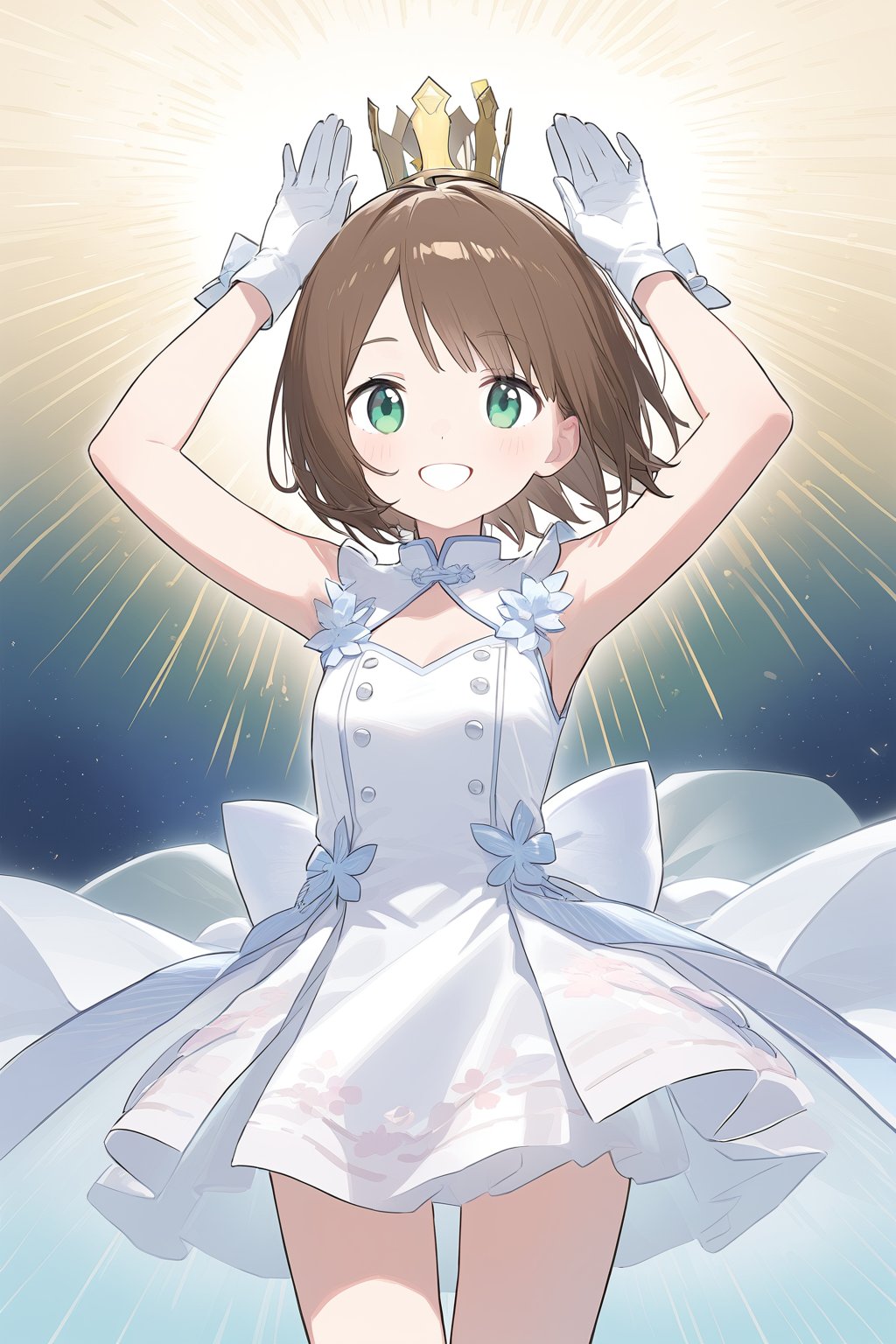 1girl, antenna_hair, arms_up, bangs, brown_hair, crown, dress, eyebrows_visible_through_hair, gloves, green_eyes, kinomoto_sakura, short_hair, sleeveless, smile, standing, white_dress, white_gloves