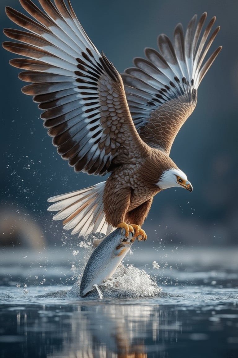 Close-up, 8K, RTX, official art of a FALCON flying in the air, spreading its big wings and diving towards a lake below. In an instant, its claws catch a leaping salmon, creating many splashes. The eagle holds on tightly, illuminated by light and shadow, fully expressing the beauty of strength. The scene captures the beauty of a miracle, with super high-quality cinematography, creating a masterpiece beyond reality.