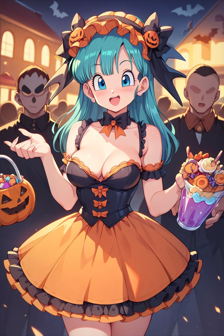 score_9, score_8_up, score_8, Dragon Ball, Bulma, wearing Lolita Outfit, Halloween party, 1girl, faceless crowd, sexy, sensual, evening, halloween decor