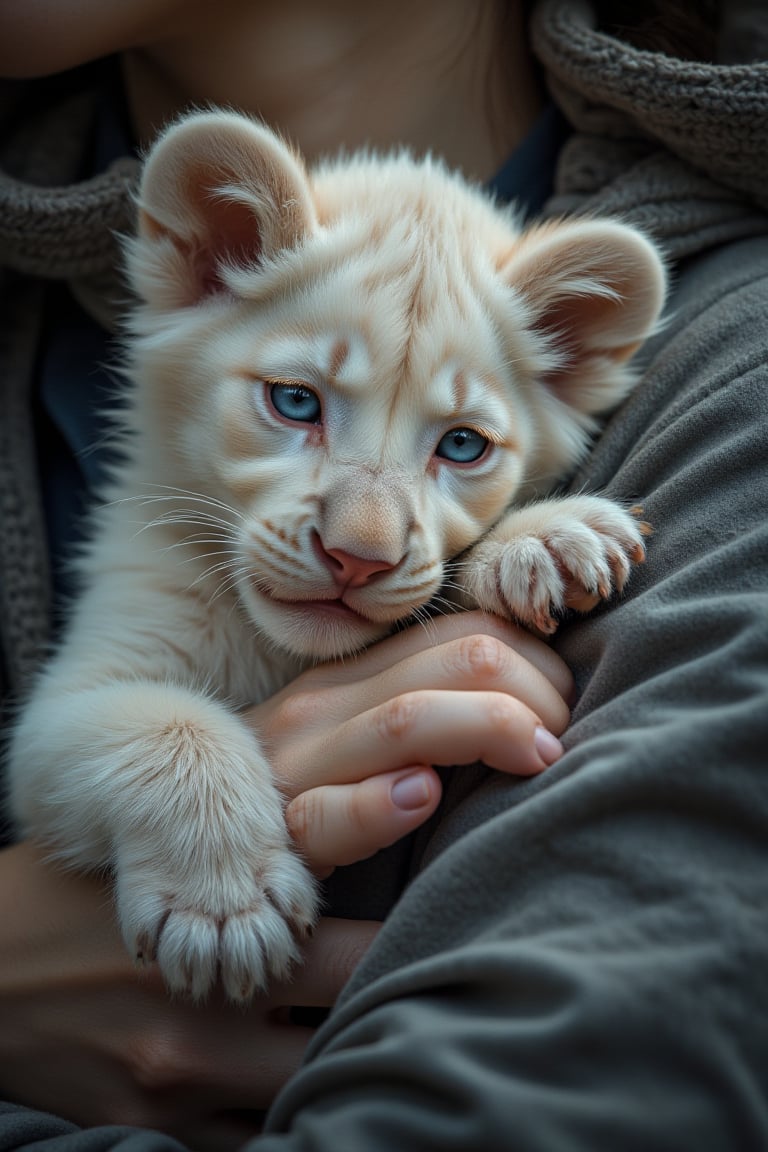 realistic photo ,A little WHITE LION tightly hugs a person's arm with its paws,Midjourney_Whisper