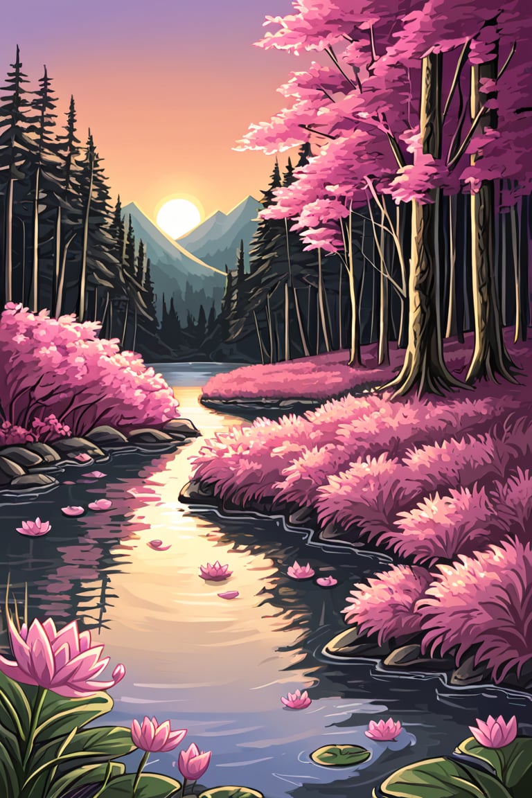 ink scenery, no humans, lake, trees, sunset, muted colors, blooming branches with pink flowers, flowers fall on the water, lotus flower on the water, lake in the middle of the forest, negative space, chinese ink drawing