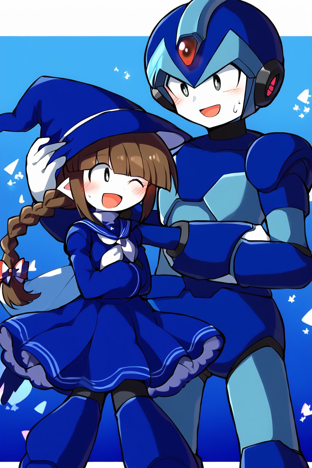 masterpiece, best quality, highres, ultra-detailed, double arm hug, love triangle ADDCOMM 1girl, (wadanohara), blue dress, blue hat, :d, happy face, size difference, ADDCOL 1boy, (X), male focus, helmet, android, blue armor, arm cannon, embarrassed,