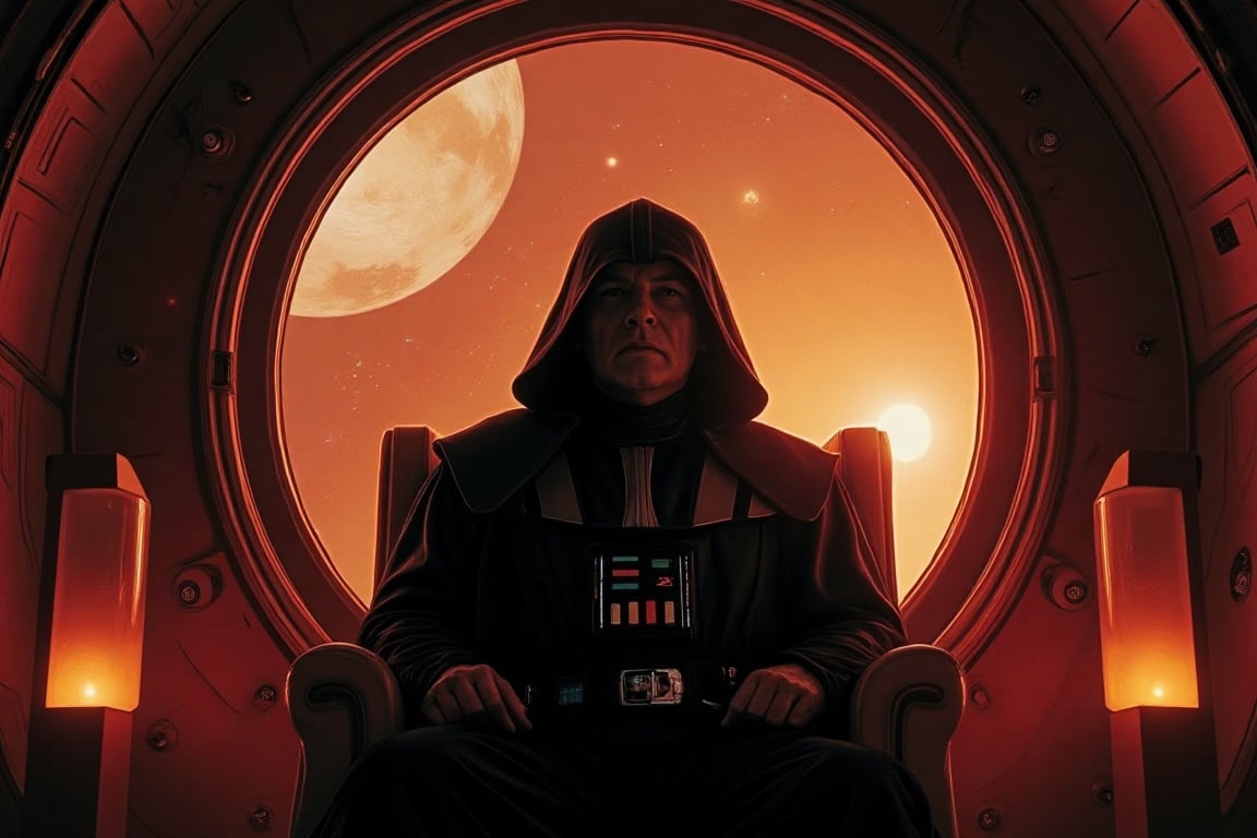 front view of Emperor Palpatine Darth Sidius from movie Star Wars in a black cloak, in a black hood. He simple sits on throne inside thrones hall in spaceship. Wide bigest porthole with Space and circle of Mars planet panorama.
Cinematic Hollywood style, professional quality, high resolution screen quality, high detail, quality of a professional movie. 