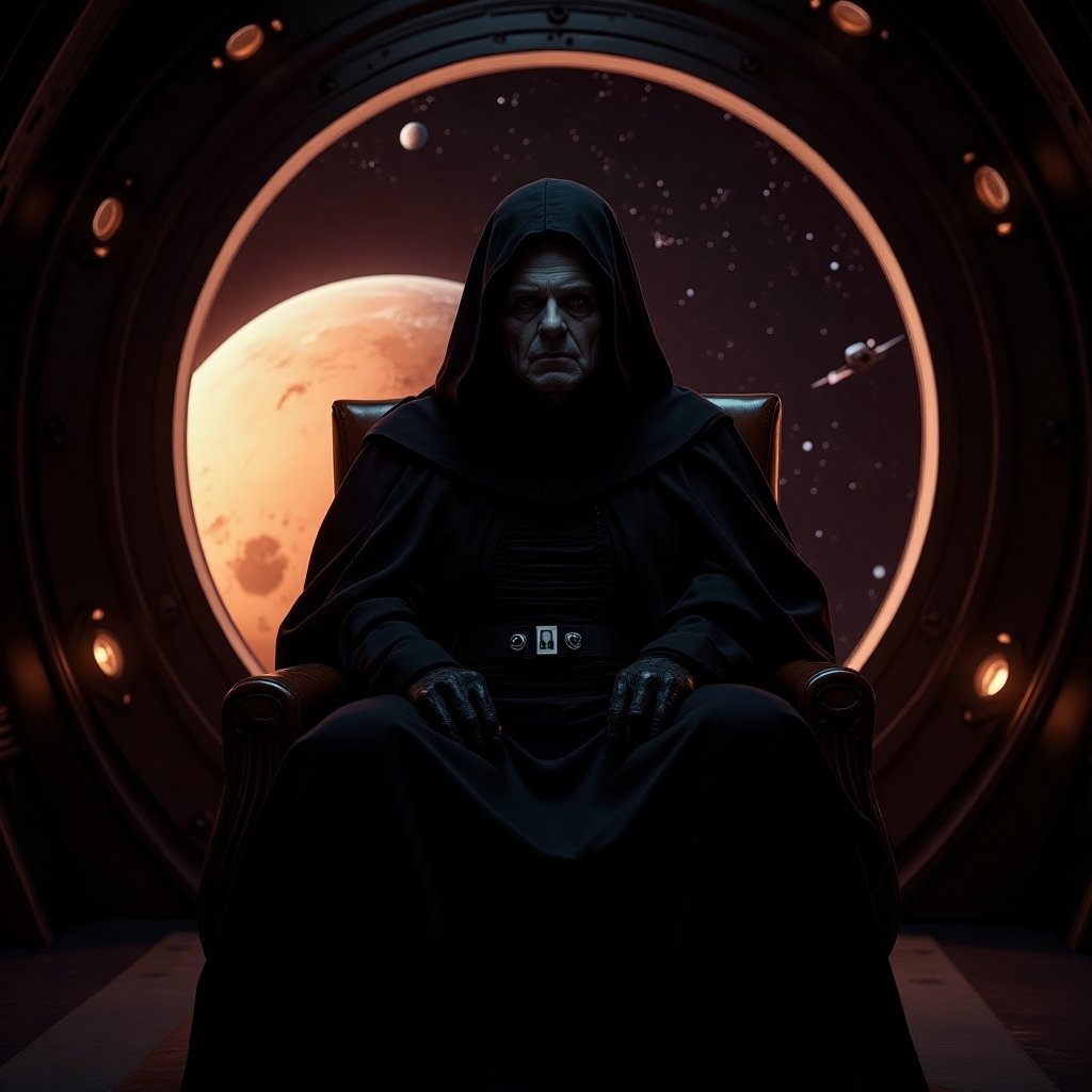 front view of Emperor Palpatine Darth Sidious from movie Star Wars in a black cloak, in a black hood. He simple sits on throne inside thrones hall in spaceship. Wide bigest porthole with Space and circle of Mars planet panorama.
Cinematic Hollywood style, professional quality, high resolution screen quality, high detail, quality of a professional movie.