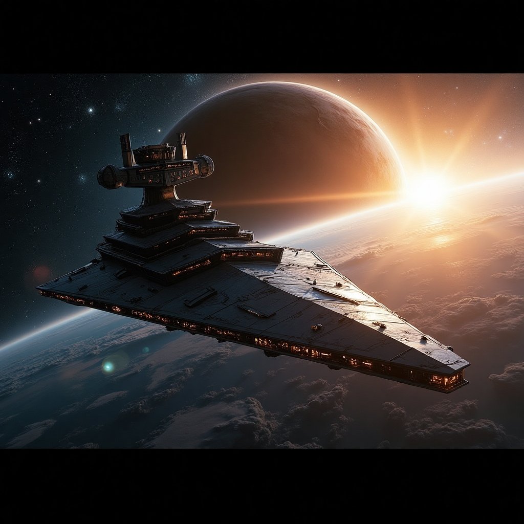 space, galaxy panorama, ship-fregate of "Destroyer" class from "Star Wars" movie, Neptune planet and part of Sun behind Neptune, professional photography, depth of field, sharpness image, clarity, cinematic, product, photo, poster, photo by Nikon D6 camera.
Cinematic Hollywood style, professional quality, high resolution screen quality, high detail, quality of a professional movie.