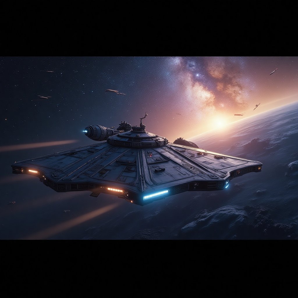 space, galaxy panorama, spaceship-fregate from "Star Wars" movie, professional photography, depth of field, sharpness image, clarity, cinematic, product, photo, poster, photo by Nikon D6 camera.
Cinematic Hollywood style, professional quality, high resolution screen quality, high detail, quality of a professional movie.