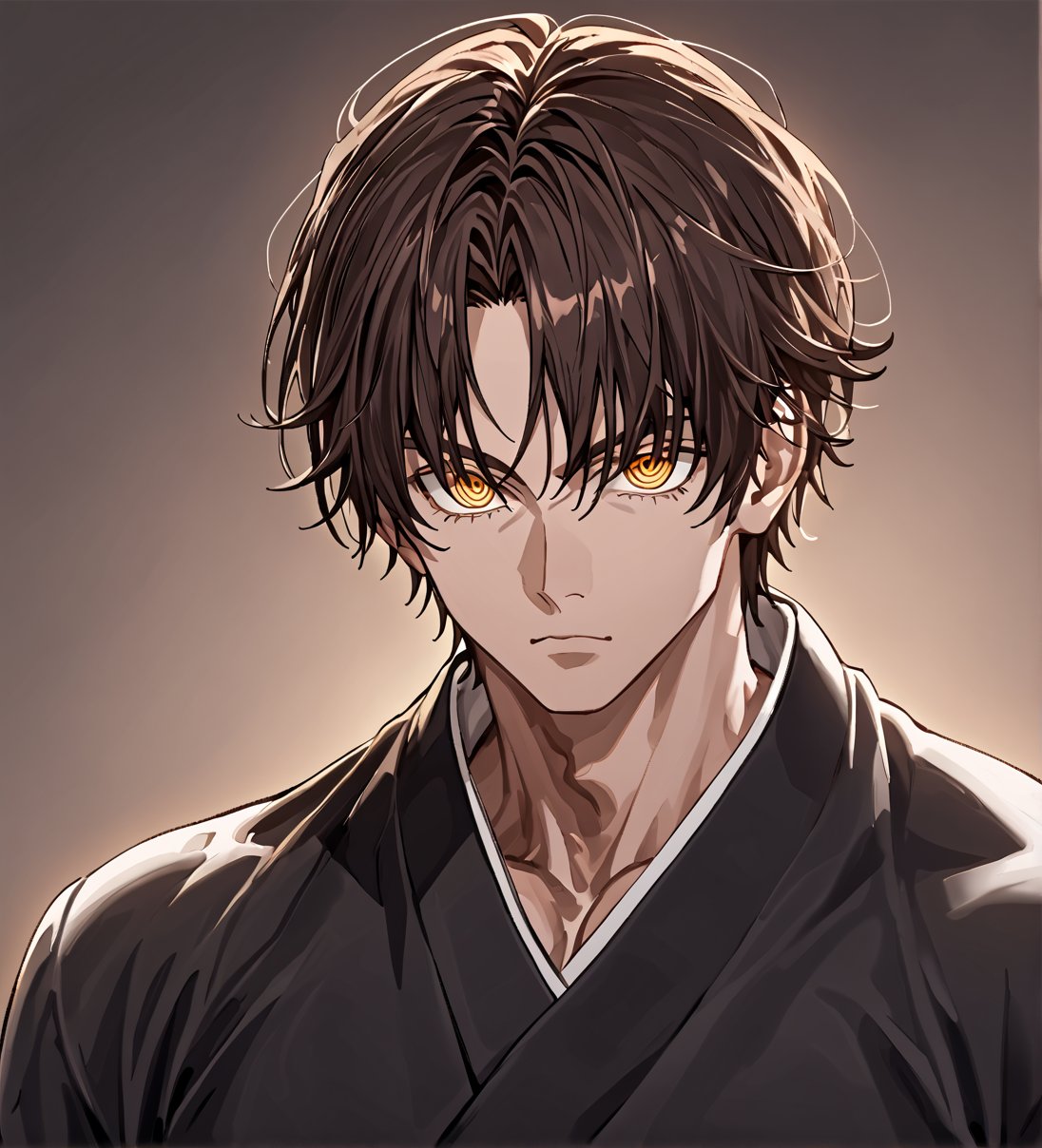 score_9,1boy, men, solo, 17 years old, (face view),  dark brown hair, baggy eyes  (ringed eyes, yellow eyes, Beautiful eyes, muscular arms, defined body), (masterpiece, best quality, modell, official art, beautiful and aesthetic:1.2), dark colors, kimono, hayato gokudera, 