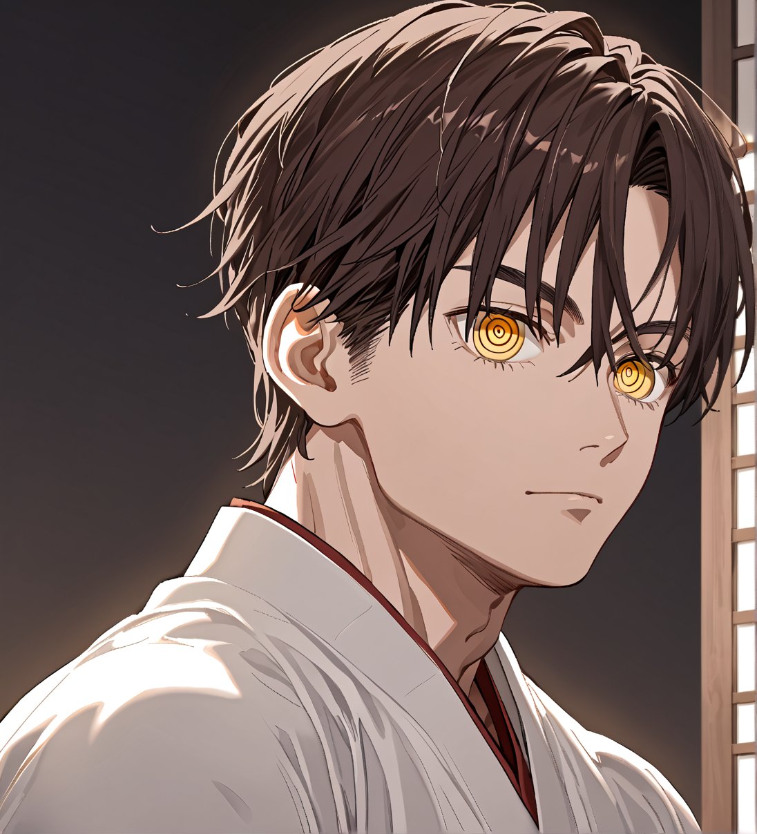 score_9,1boy, men, solo, teenager, (face view),  dark brown hair, baggy eyes  (ringed eyes, yellow eyes, Beautiful eyes, muscular arms, defined body), (masterpiece, best quality, modell, official art, beautiful and aesthetic:1.2), dark colors, kimono, hayato gokudera, 