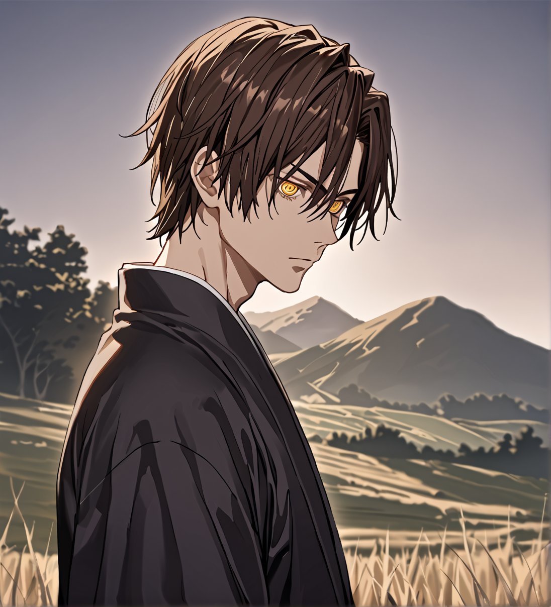 score_9,1boy, men, solo, (side view),  dark brown hair, baggy eyes  (ringed eyes, yellow eyes, Beautiful eyes, normal muscular muscular arms, defined body), (masterpiece, best quality, modell, official art, beautiful and aesthetic:1.2), dark colors, kimono, hayato gokudera, outdoors