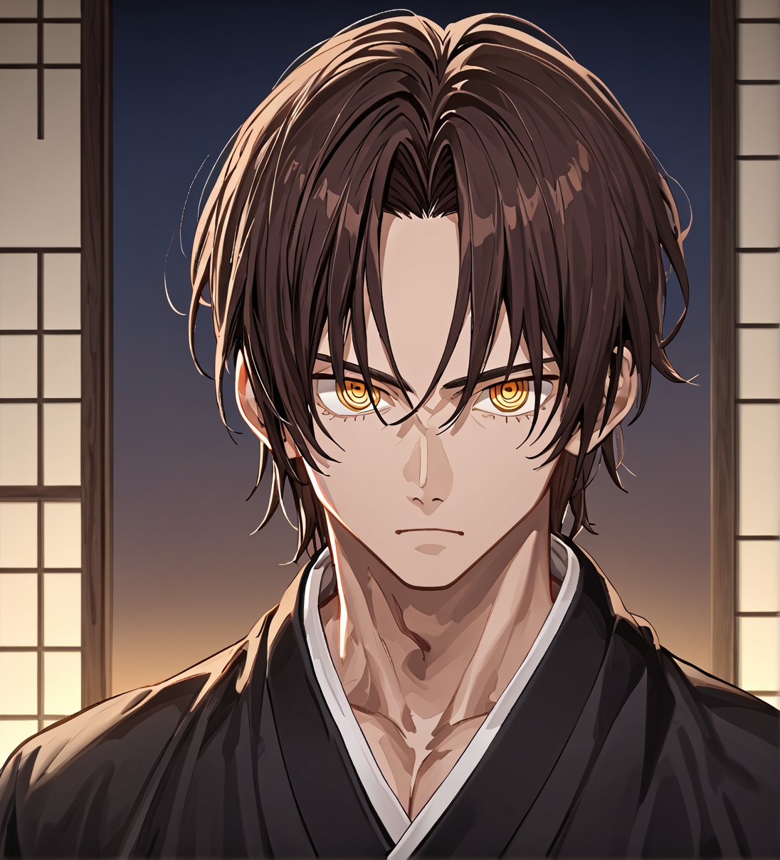 score_9,1boy, men, solo, 17 years old, (face view),  dark brown hair, baggy eyes  (ringed eyes, yellow eyes, Beautiful eyes, muscular arms, defined body), (masterpiece, best quality, modell, official art, beautiful and aesthetic:1.2), dark colors, kimono, hayato gokudera, 