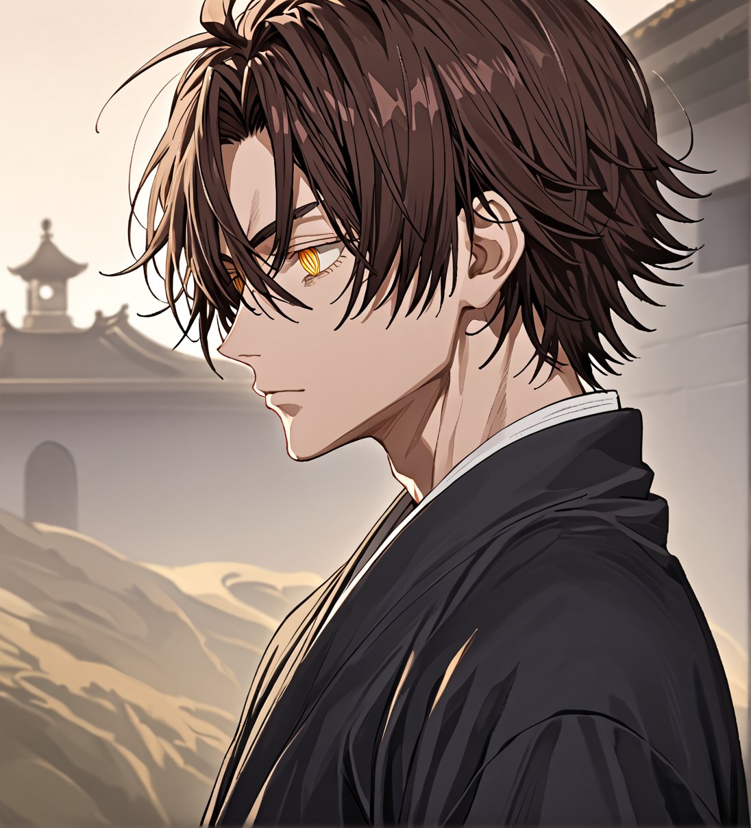 score_9,1boy, men, solo, 19 years old, (side view),  dark brown hair, baggy eyes  (ringed eyes, yellow eyes, Beautiful eyes, normal muscular muscular arms, defined body), (masterpiece, best quality, modell, official art, beautiful and aesthetic:1.2), dark colors, kimono, hayato gokudera, outdoors