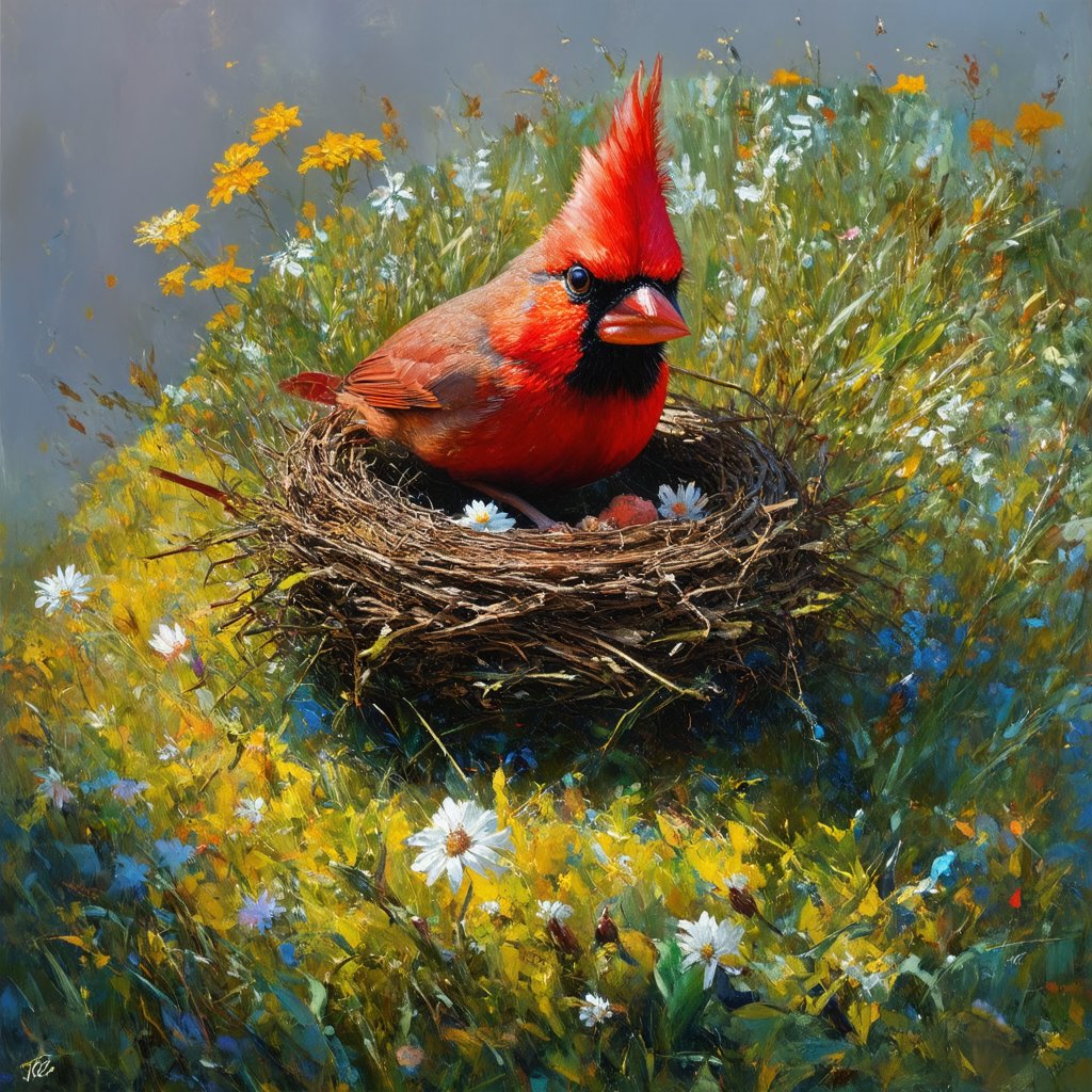 Stunning wild grass, 
flowers blooming, 
close-up bird cardinal and nest Epic cinematic brilliant stunning intricate meticulously detailed dramatic atmospheric maximalist digital modern painting