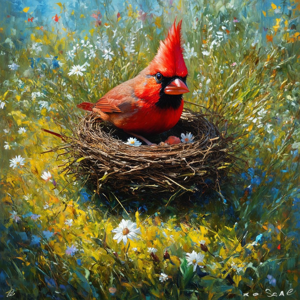 Stunning wild grass, 
flowers blooming, 
close-up bird cardinal and nest Epic cinematic brilliant stunning intricate meticulously detailed dramatic atmospheric maximalist digital modern painting