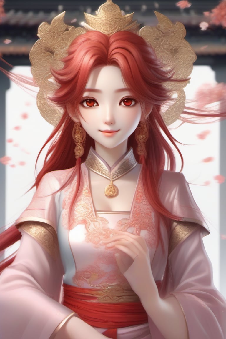 the beautiful girl with light pink eyes and vibrant red long hair,  resembling anime characters from 3D Chinese animated f...