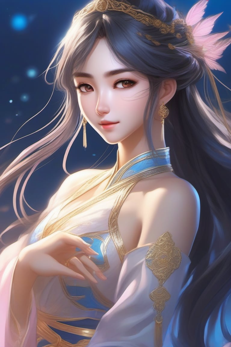 the beautiful girl with light pink eyes and vibrant blue while long hair,  resembling anime characters from 3D Chinese ani...