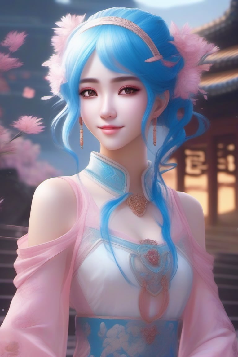 the beautiful girl with light pink eyes and vibrant blue hair,  resembling anime characters from 3D Chinese animated films...