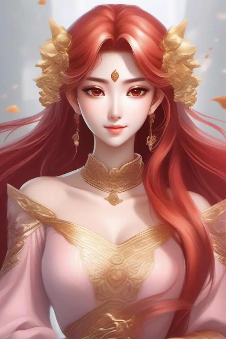 the beautiful girl with light pink eyes and vibrant red long hair,  resembling anime characters from 3D Chinese animated f...