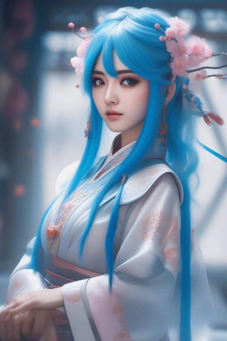 the beautiful girl with light pink eyes and vibrant blue hair,  resembling anime characters from 3D Chinese animated films...