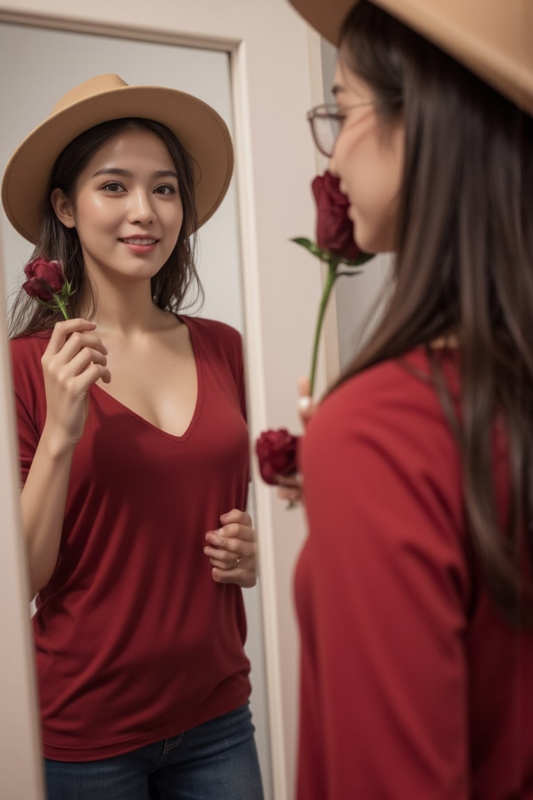 High resolution photo, 4K resolution, cinematic lighting, a 22-year-old Thai girl wearing a deep V-neck shirt with crop top, a thin fabric, a light red color, looking in the mirror, looking at her face like a young girl. She has a beautifully shaped body through the reflection of the clear light. Her right hand holds a dark red rose, wears a wide-brimmed hat, wears glasses, smiles slightly, full body photo, she wears high heels.