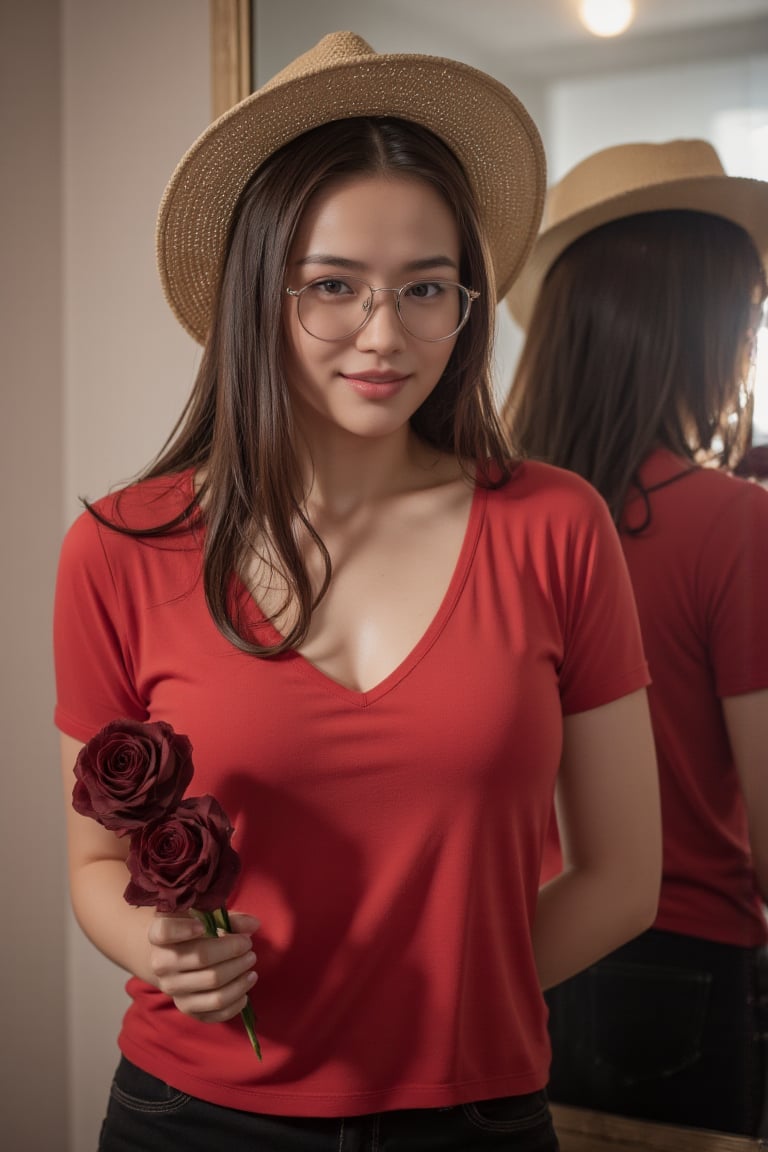 High resolution photo, 4K resolution, cinematic lighting, a 22-year-old Thai girl wearing a deep V-neck shirt with crop top, a thin fabric, a light red color, looking in the mirror, looking at her face like a young girl. She has a beautifully shaped body through the reflection of the clear light. Her right hand holds a dark red rose, wears a wide-brimmed hat, wears glasses, smiles slightly, full body photo, she wears high heels.