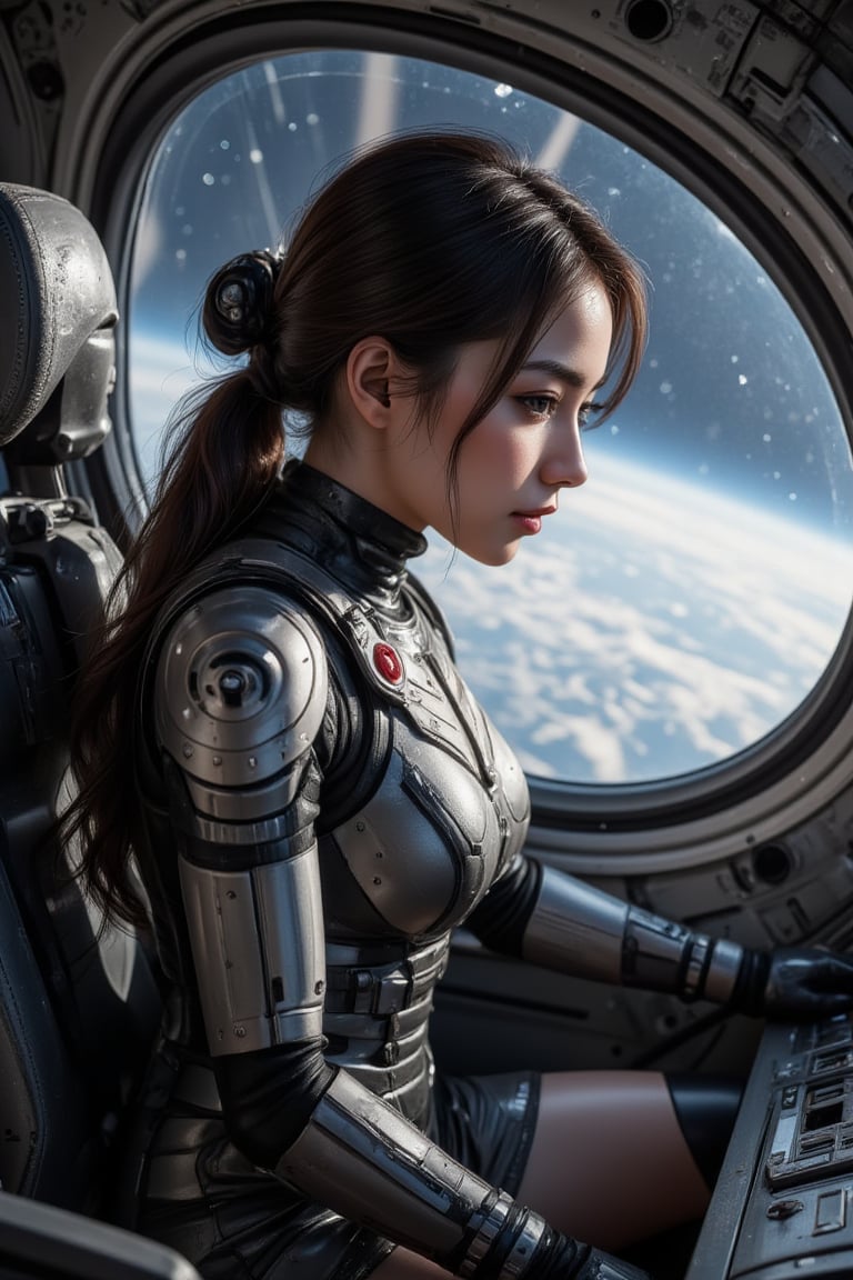 A lifelike 8K 3D render of a female mech pilot in an advanced cockpit, surrounded by holographic displays. Her sleek, futuristic armor integrates with her control systems, demonstrating her combat readiness in a busy urban environment. A wide-angle shot shows the cockpit area in detail. Outside the window, Earth can be seen in the distance, with a sky sparkling with stars.